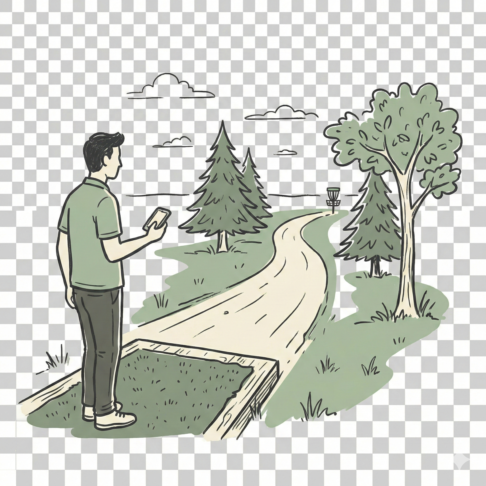 Disc golfer standing on tee pad with phone, looking at fairway