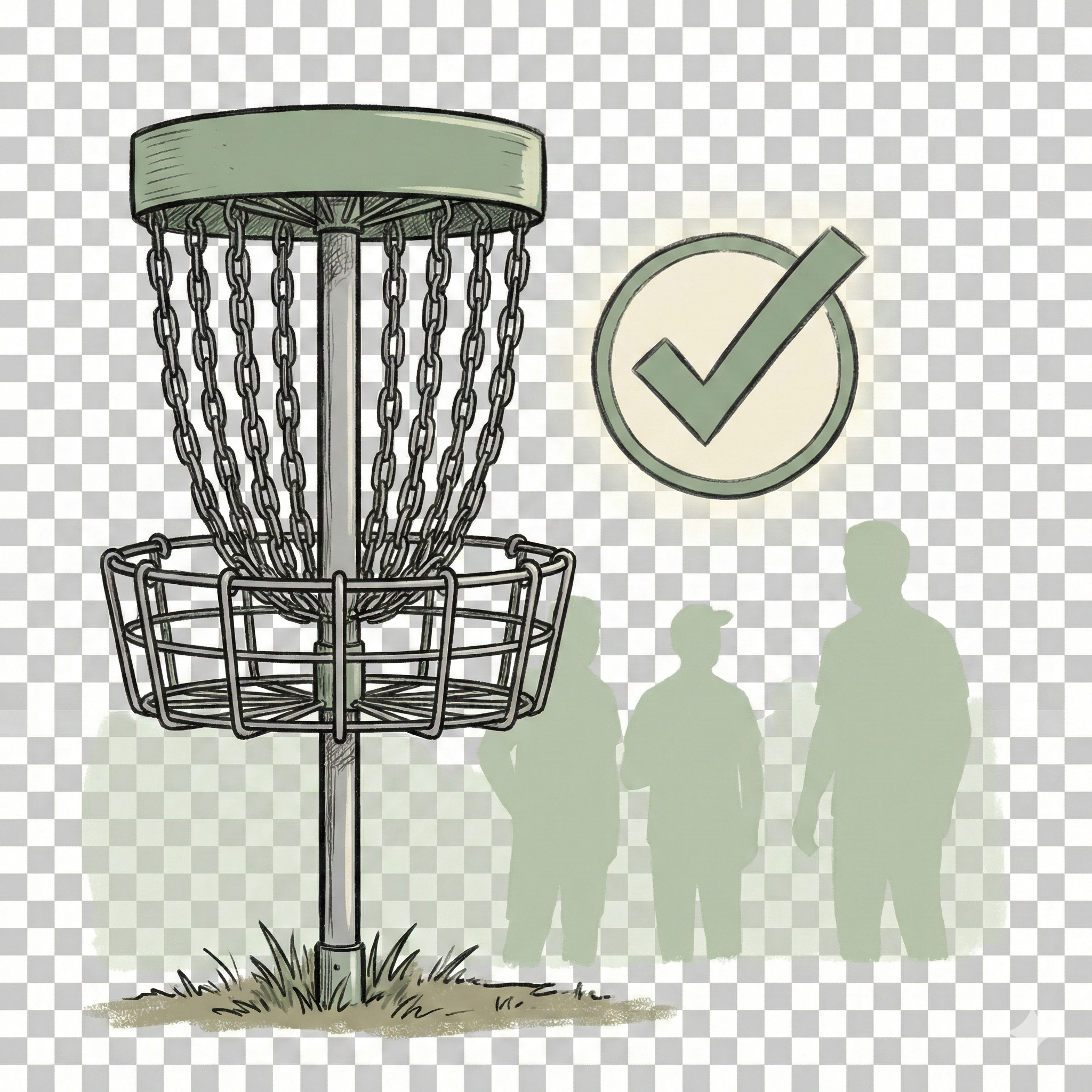 Disc golf basket with verification checkmark badge